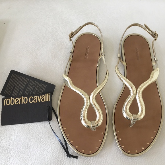 Roberto Cavalli Shoes - ROBERTO CAVALLI Gold Leather Snake Sandals with Stud Detail, Size 9 With Box